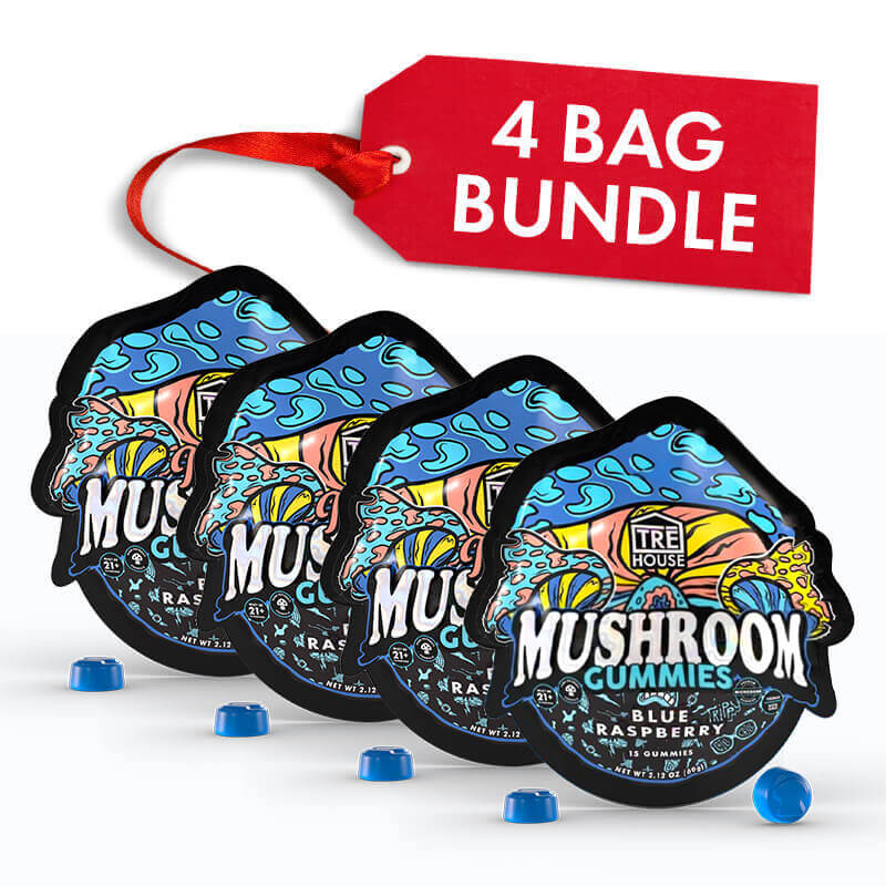 Four bags of Tre House Mushroom Gummies Blue Raspberry flavored with a red tag indicating a 4 bag bundle on a white background.