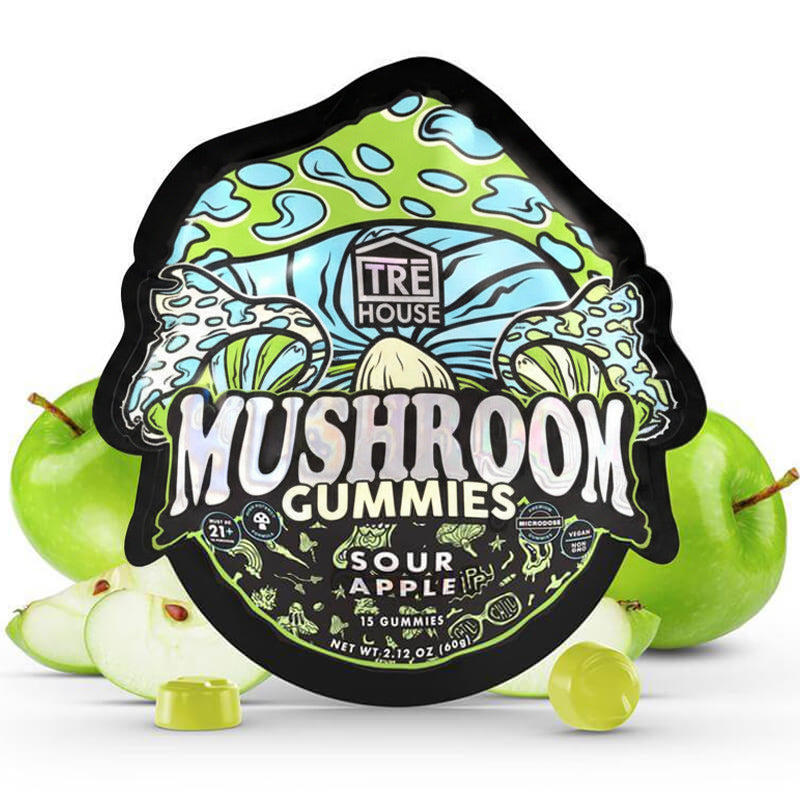 Front of TRĒ House Sour Apple mushroom gummies pouch with bright green apple graphics and bold branding.