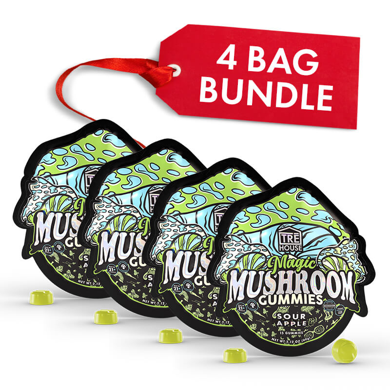 Four bags of Magic Mushroom Gummies with a red tag indicating a 4 bag bundle on a white background.