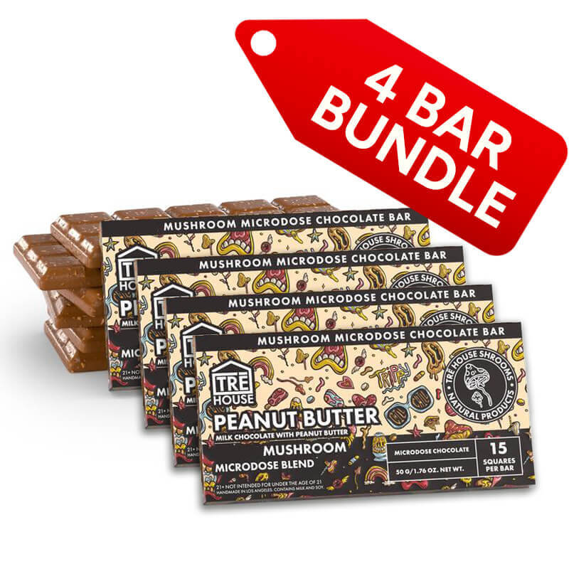 Four packages of the discounted Tre House Peanut butter flavored Bulk Mushroom Chocolate Bar with a red '4 Bar Bundle' tag above it.
