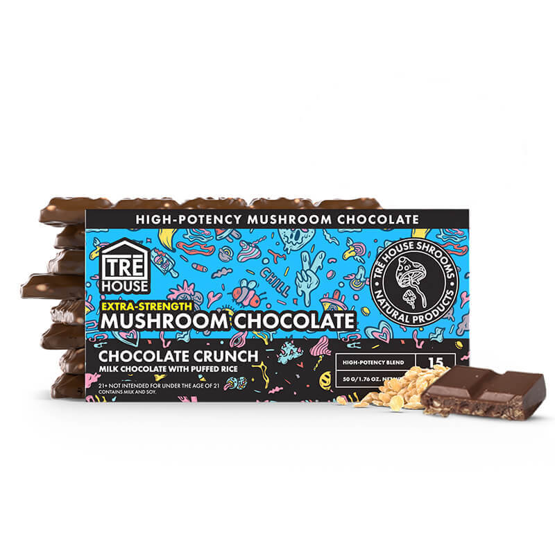 Product packaging for Tre House Chocolate Crunch Mushroom Chocolate Bar.