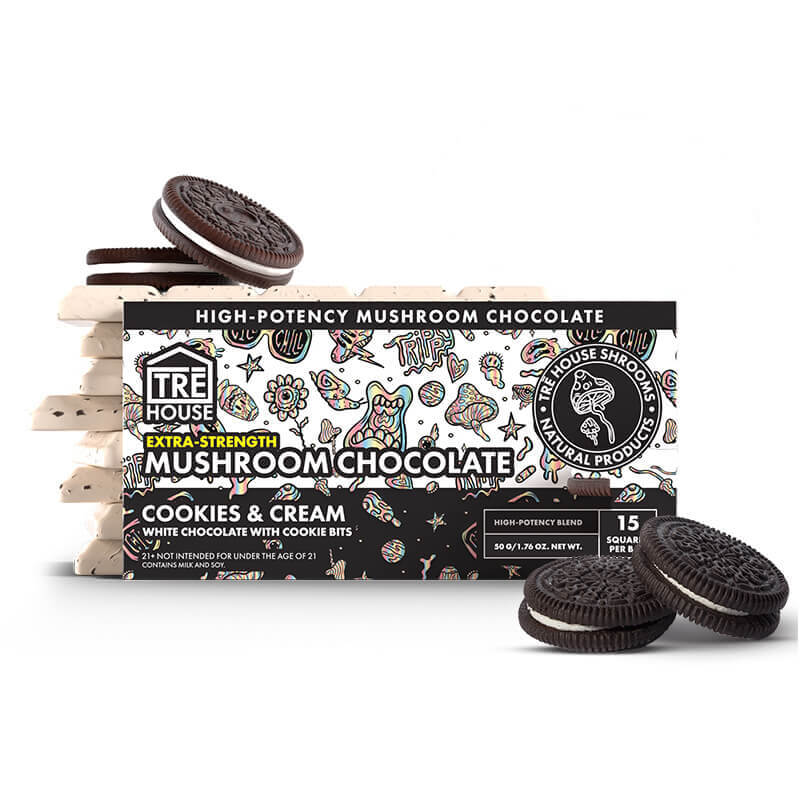 Tre House Extra-Strength Mushroom Chocolate with cookies-and-cream flavor. Ships to all 50 states.