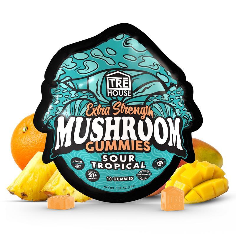 TRĒ House Sour Tropical mushroom gummies extra-strength 10 count bag highlighting upgraded formula and tangy tropical fruit flavor.