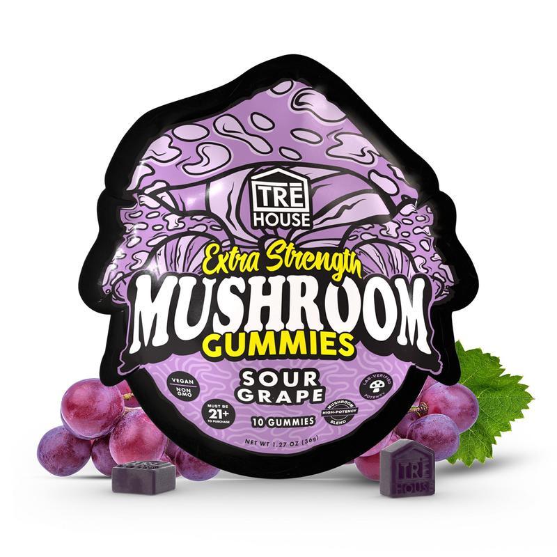 TRĒ House Sour Grape mushroom gummies extra-strength 10 count bag highlighting upgraded formula and bold grape candy flavor.