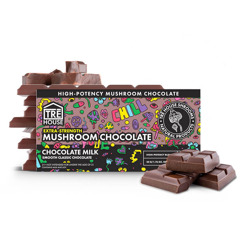 TRE House Milk Chocolate Mushroom Chocolate Bar with extra-strength formula and 15 breakable squares.