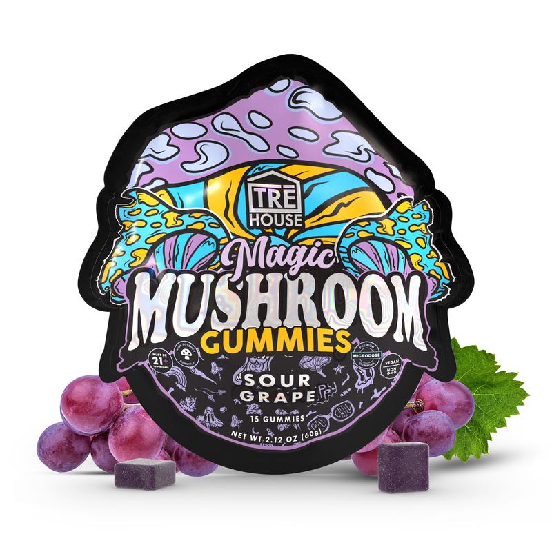 Front of TRĒ House Sour Grape Mushroom Gummies bag with grape-themed artwork and psychedelic graphics.