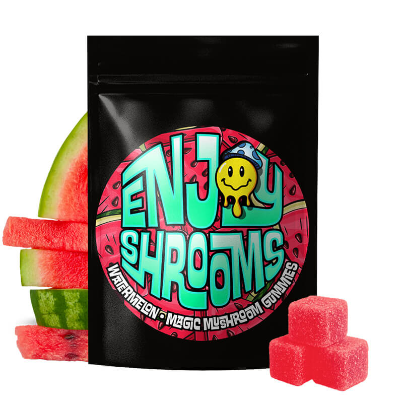 Enjoy Shrooms Bulk Watermelon Mushroom Gummies, 50-count bag, featuring juicy watermelon flavor and unbeatable bulk value.