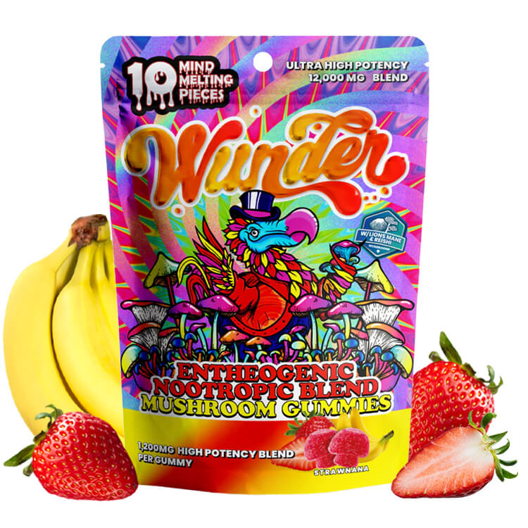 The front of the Wunder Strawnana Mushroom Gummies pouch has fruity graphics and a 10-count label.