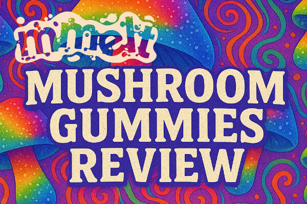 Mmelt Magic Mushroom Gummies Review blog cover with psychedelic background and text highlighting legal flavor-packed experiences