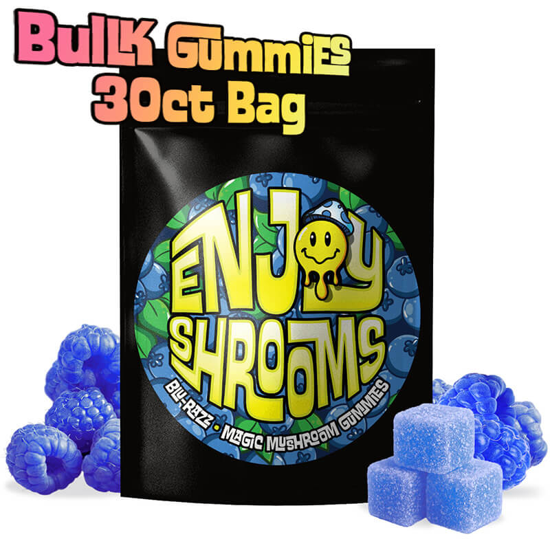 Enjoy Shrooms Blue Raspberry Bulk Mushroom Gummies in 30ct resealable bags with vivid design and psychedelic flair.