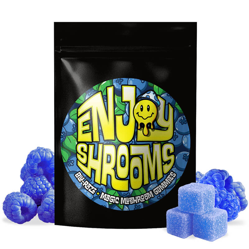 Enjoy Shrooms Blue Raspberry Bulk Mushroom Gummies in 30ct resealable bags with vivid design.