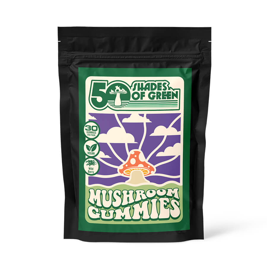 50 Shades of green wild berry mushroom gummies come with a wild berry flavor and 30 gummies per bag. 