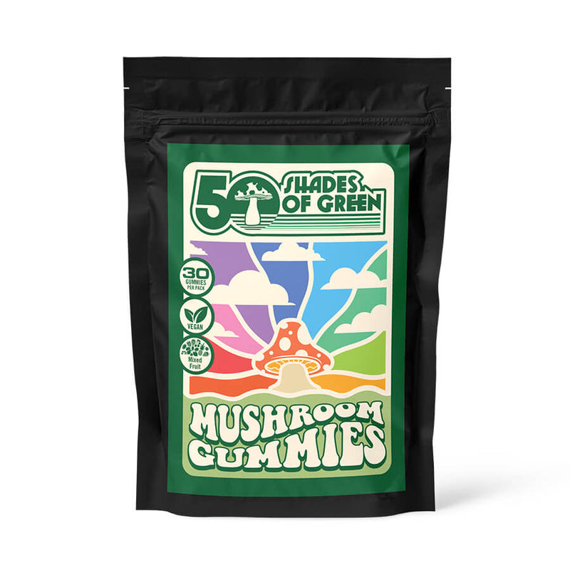 50 Shades of Green Mixed Fruit Mushroom Gummies 30 count bag with colorful fruit cosmic design.

