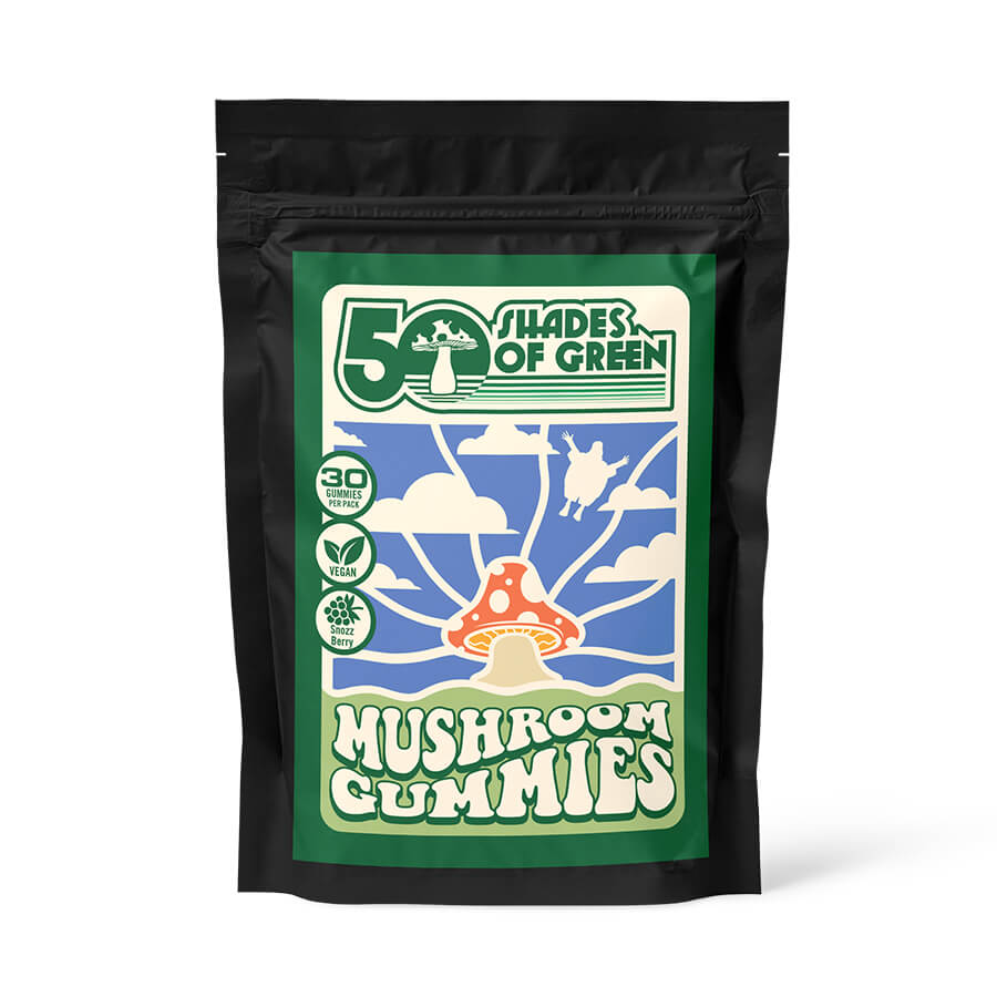 50 Shades of Green Snozzberry Mushroom Gummies, 30-count bag with a colorful design inspired by the movie Willy Wonka and the Chocolate Factory.
