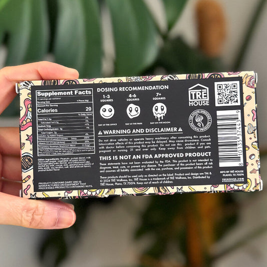  Back of TRĒ House Peanut Butter Mushroom Chocolate bar showing nutrition facts, dosing guide, and ingredient list.