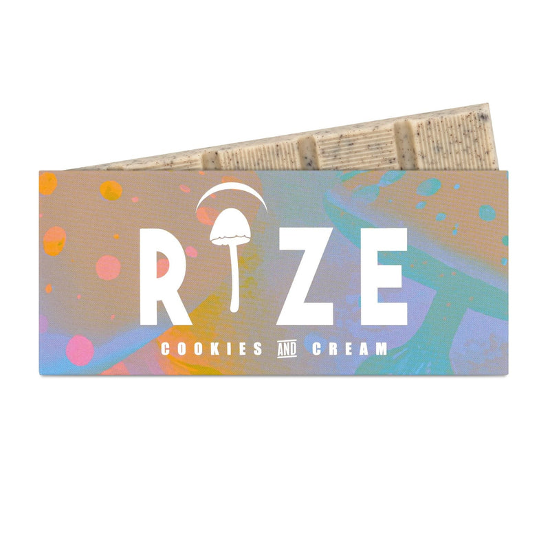 Rize Cookies and Cream 5g Mushroom Chocolate Bar in branded packaging showing white chocolate tiles with crushed Oreo pieces