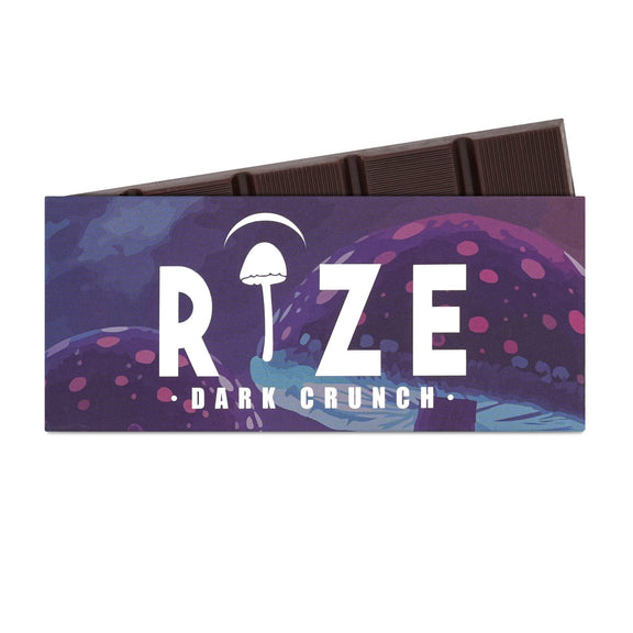 Rize Dark Crunch 5g Mushroom Chocolate Bar in branded packaging showing scored dark chocolate tiles with crushed cookie pieces.