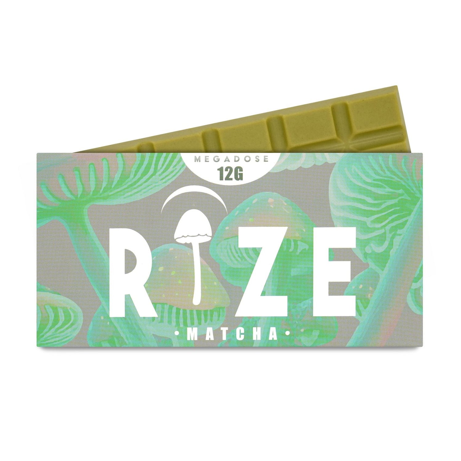 Rize of Hope 12g Matcha Mushroom Chocolate Bar – front packaging with 10 tiles of organic matcha-infused white chocolate with mushroom extract.