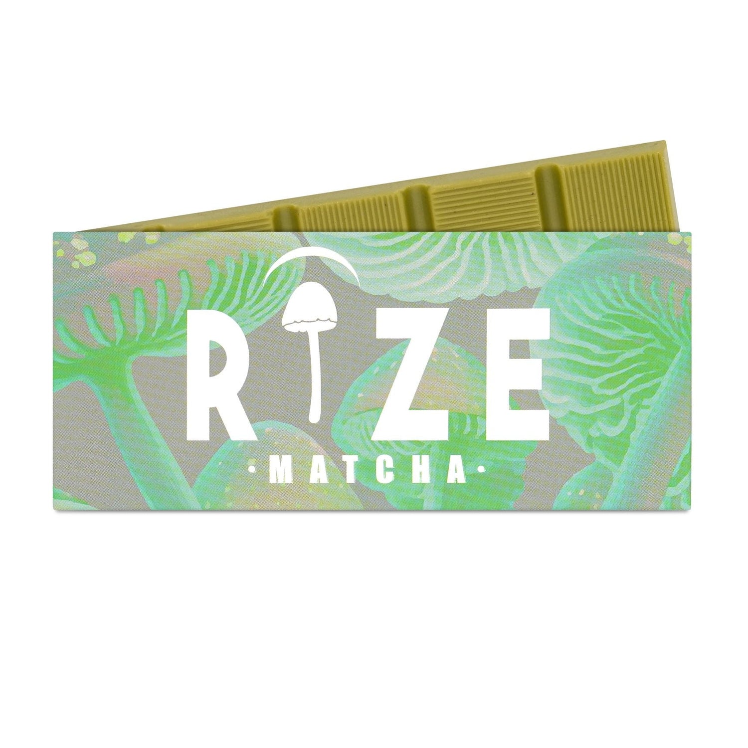 Rize Matcha 5g Mushroom Chocolate Bar in branded packaging showing scored green-tinted white chocolate tiles