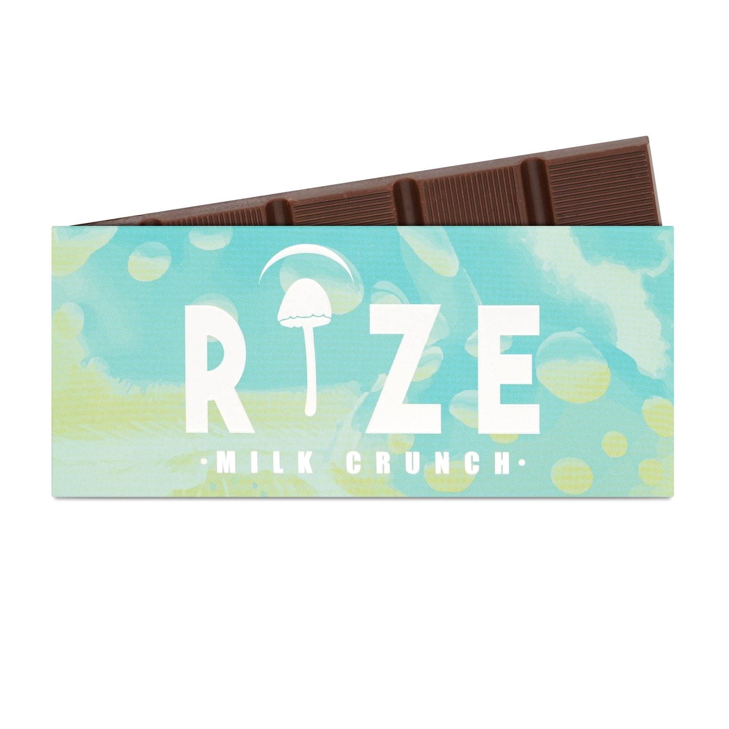 Rize Milk Crunch 5g Mushroom Chocolate Bar in branded packaging showing scored milk chocolate tiles with crispy rice
