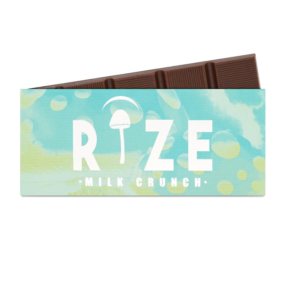 Rize Milk Crunch 5g Mushroom Chocolate Bar in branded packaging showing scored milk chocolate tiles with crispy rice