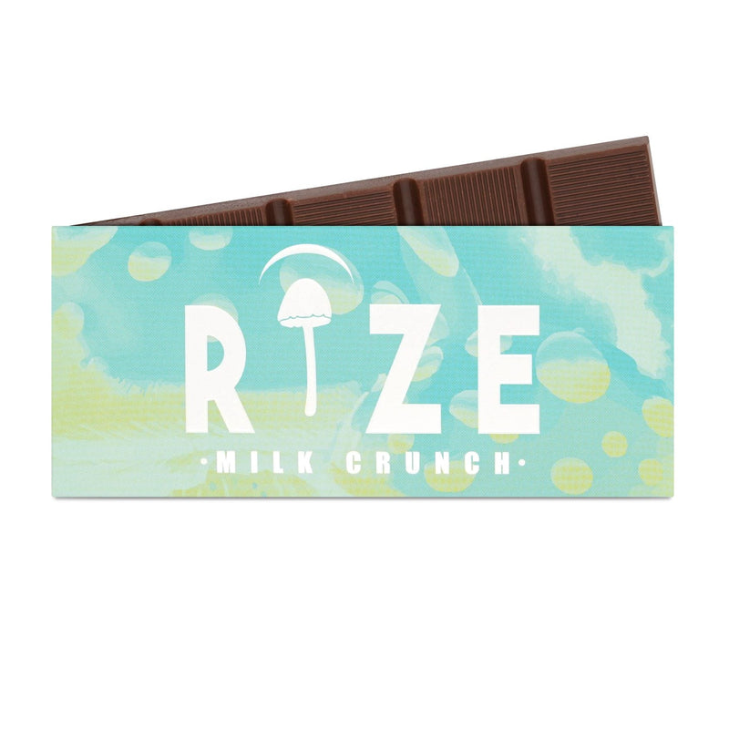 Rize Milk Crunch 5g Mushroom Chocolate Bar in branded packaging showing scored milk chocolate tiles with crispy rice