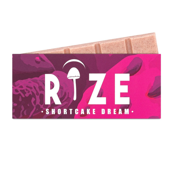 Rize Shortcake Dream 5g Mushroom Chocolate Bar in branded packaging showing scored tiles of white chocolate with strawberry and shortcake pieces