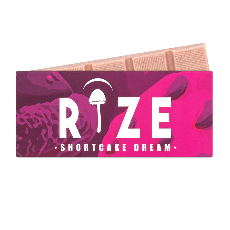 Rize Shortcake Dream 5g Mushroom Chocolate Bar in branded packaging showing scored tiles of white chocolate with strawberry and shortcake pieces