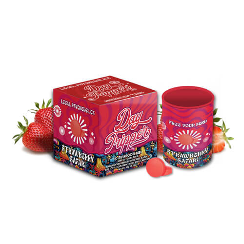 Back-of-Day Tripper Strawberry Safari mushroomTablets showing usage instructions, ingredients, and nootropic blend details.