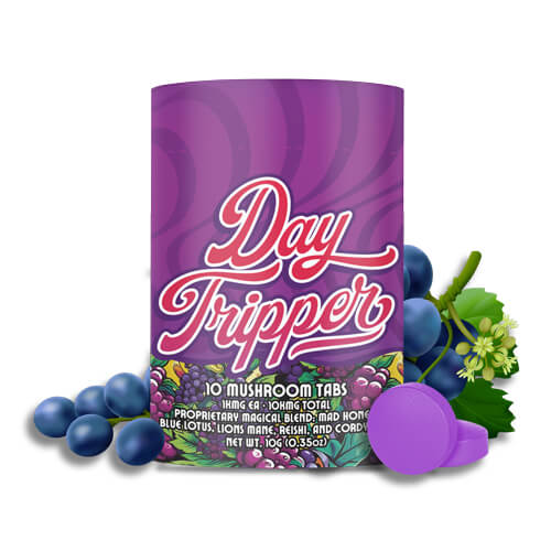  Day Tripper Electric Grape Mushroom Tablets dissolve fast. They contain nootropics, mad honey, and blue lotus for a rapid mood lift, clarity, and creative focus.
