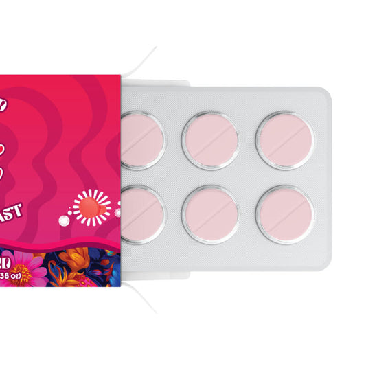 Day Tripper Strawberry Safari mushroom Tablets showing the tablets packaged in bubbled plastic. 