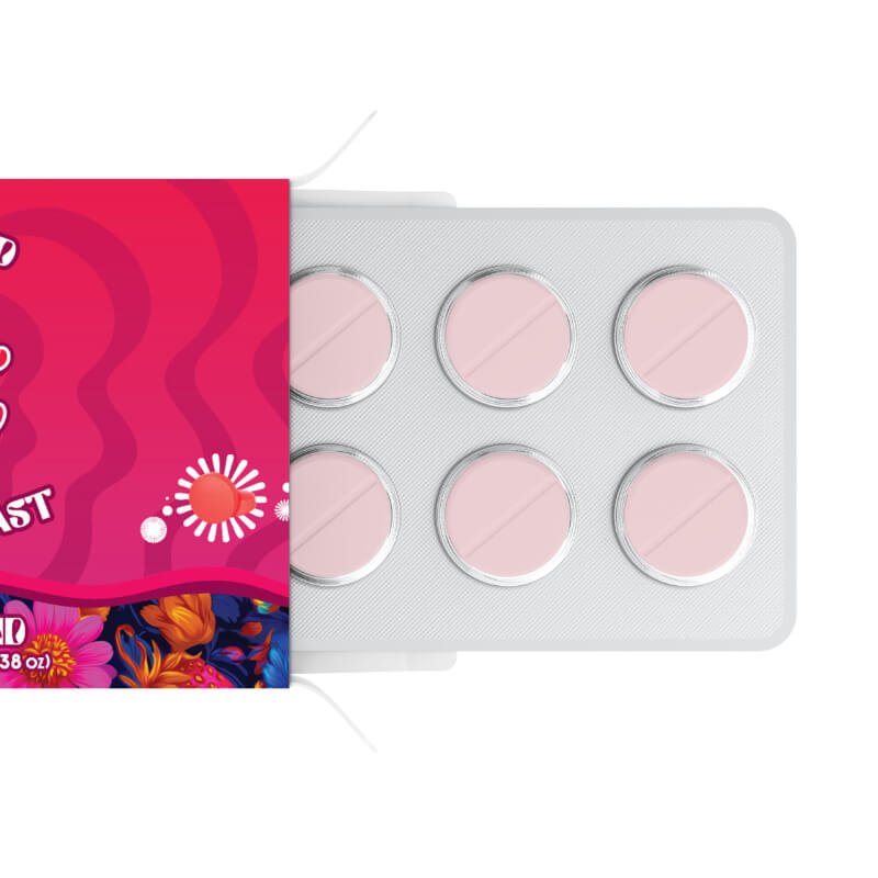 Day Tripper Strawberry Safari mushroom Tablets showing the tablets packaged in bubbled plastic. 