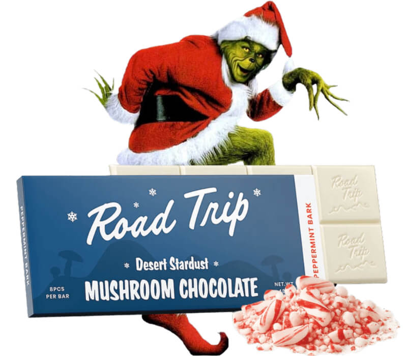  Desert Stardust Peppermint Bark Mushroom Chocolate Bar with dark and white chocolate layers and crushed peppermint pieces.  Limited edition christmas flavor. 