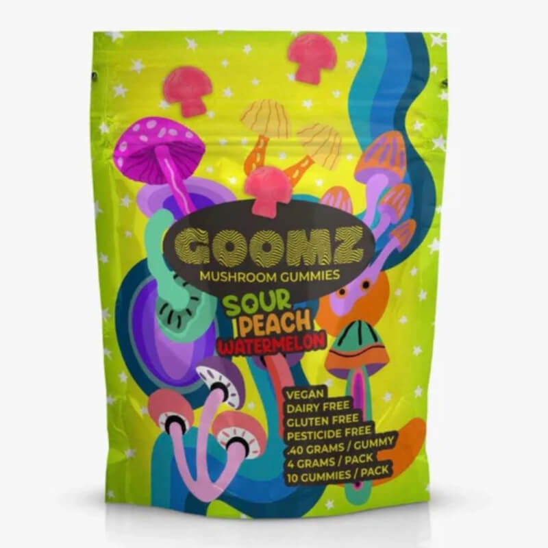  Goomz Sour Watermelon Mushroom Gummies pouch with watermelon candy design and 10 flavorful gummies.