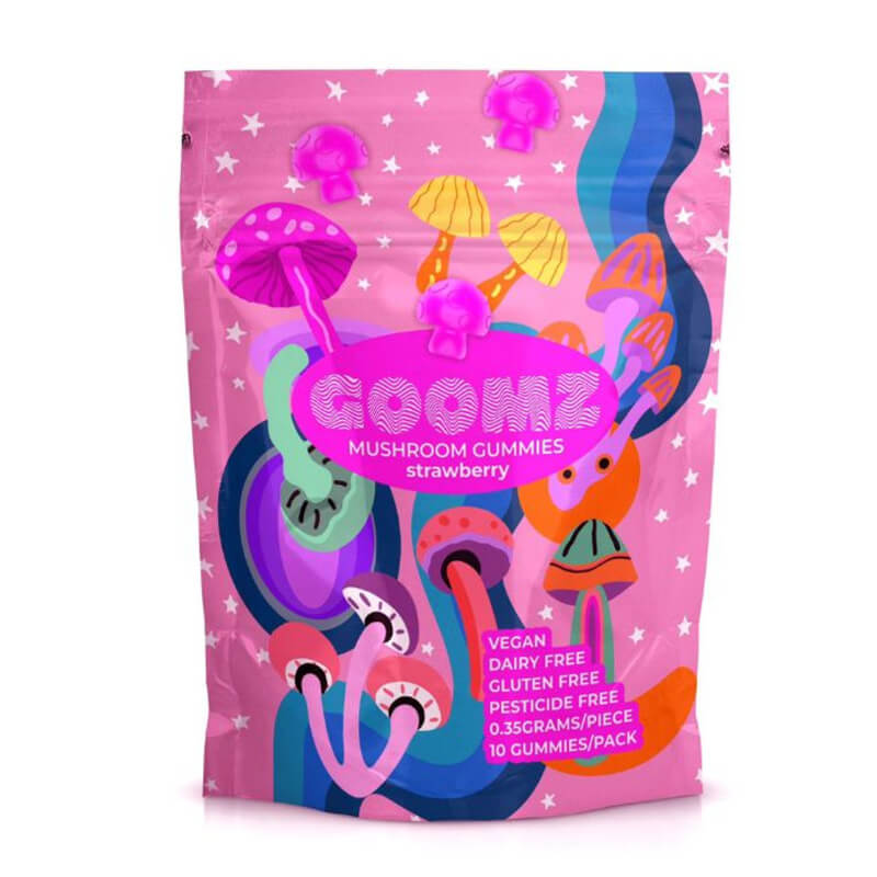  Goomz Strawberry nootripic Mushroom Gummies pouch with fresh berry design and 8 pre-dosed fruity gummies.