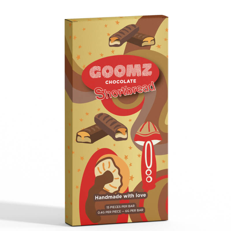 A photo rendering of the Goomz Shortbread mushroom chocolate bar. 