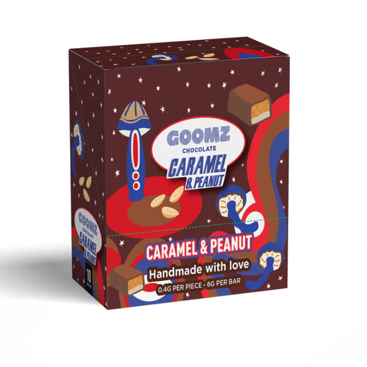 The back of the Goomz Caramel and Peanut mushroom chocolate bar package shows the nutrition facts and ingredients.