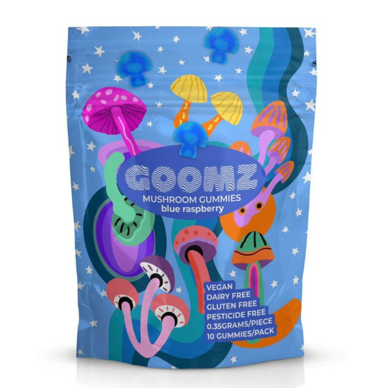  Goomz Blue Raspberry Mushroom Gummies pouch with bold electric blue design and 10-piece serving pack.