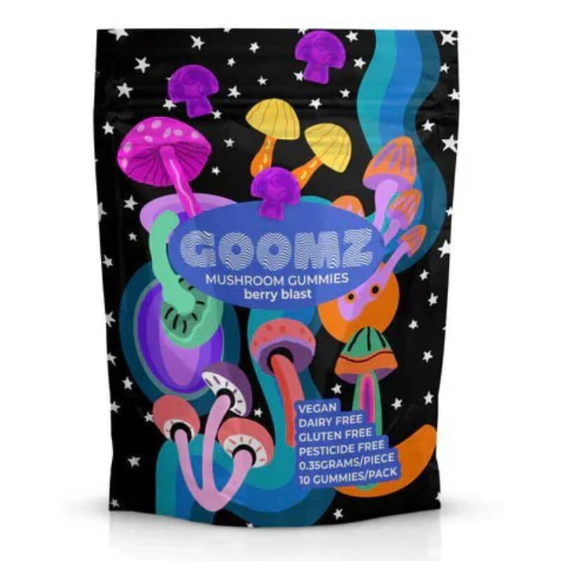  Goomz Berry Blast Mushroom Gummies pouch with vibrant berry graphics and 10 pre-dosed psychedelic gummies.