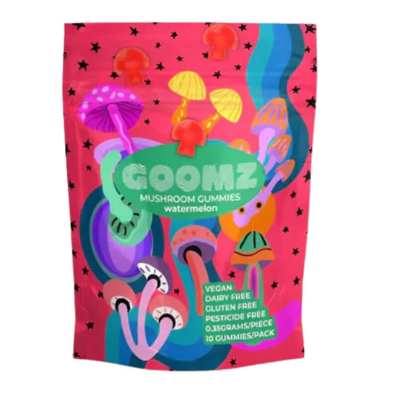  Goomz Watermelon Mushroom Gummies pouch with juicy fruit design and trippy branding for the 8-piece gummy pack.