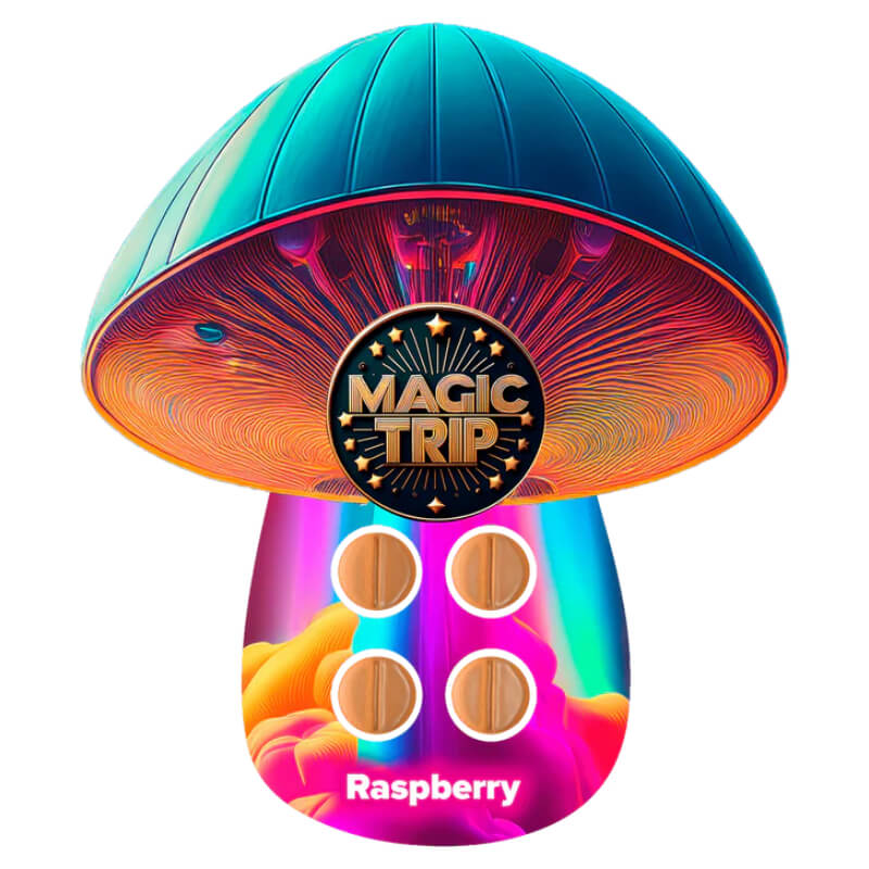 Magic Trip Raspberry Mushroom Tabs sugar-free 4 count blister pack with cosmic raspberry design.