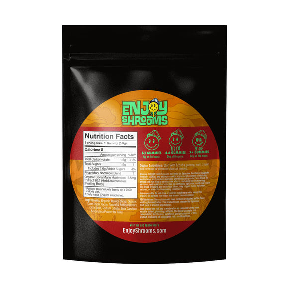 Back of Enjoy Shrooms Bulk Mango Gummies packaging showing ingredients, bulk count, and storage information.