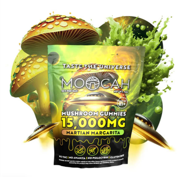 Moocah Martian Margarita Mushroom Gummies 15,000mg bag with lime margarita cosmic design.
