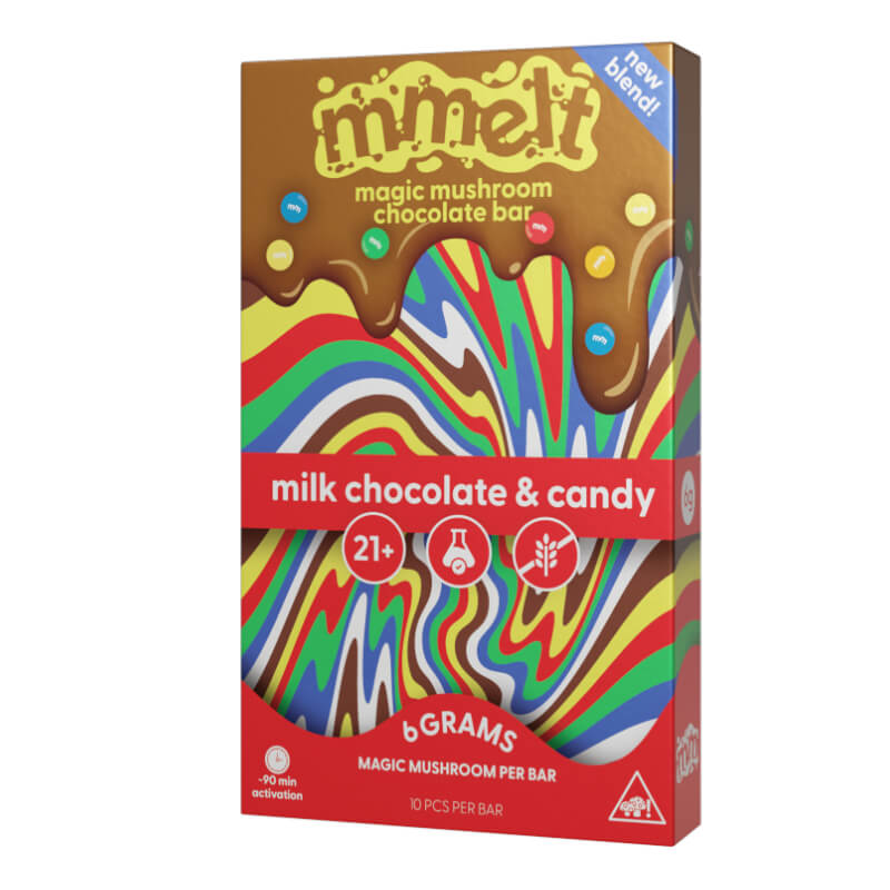  Front of Mmelt Milk Chocolate & Candy Bar with vibrant colors and 6g mushroom blend label.
