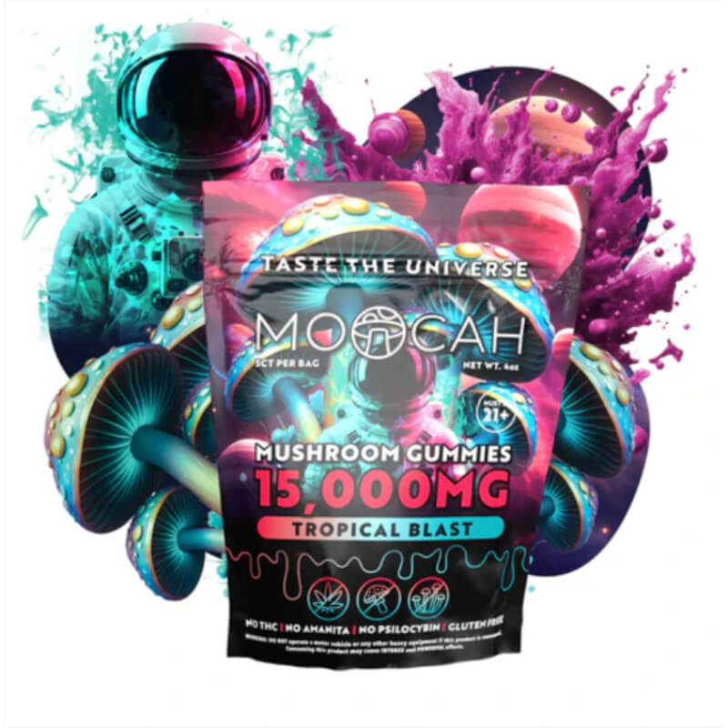 Moocah Tropical Blast Mushroom Gummies 5ct – Bright tropical-themed front packaging.
