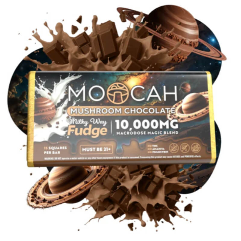  Front packaging of Moocah Milky Way Fudge Magic Mushroom Chocolate Bar.