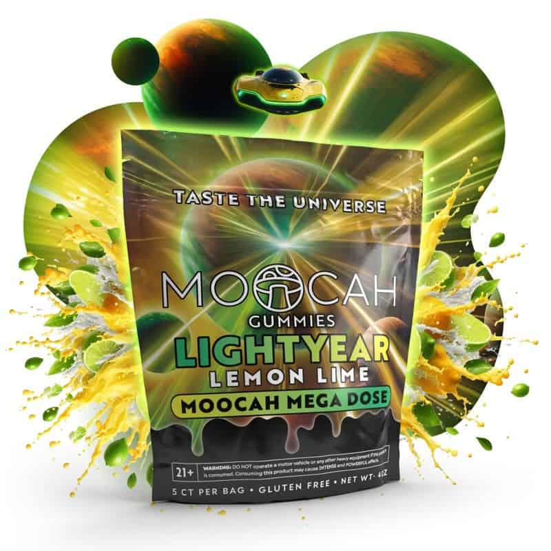  The front of the Moocah Lightyear Lemon Lime Mushroom Gummies pouch has citrus art and a clear mega dose label.