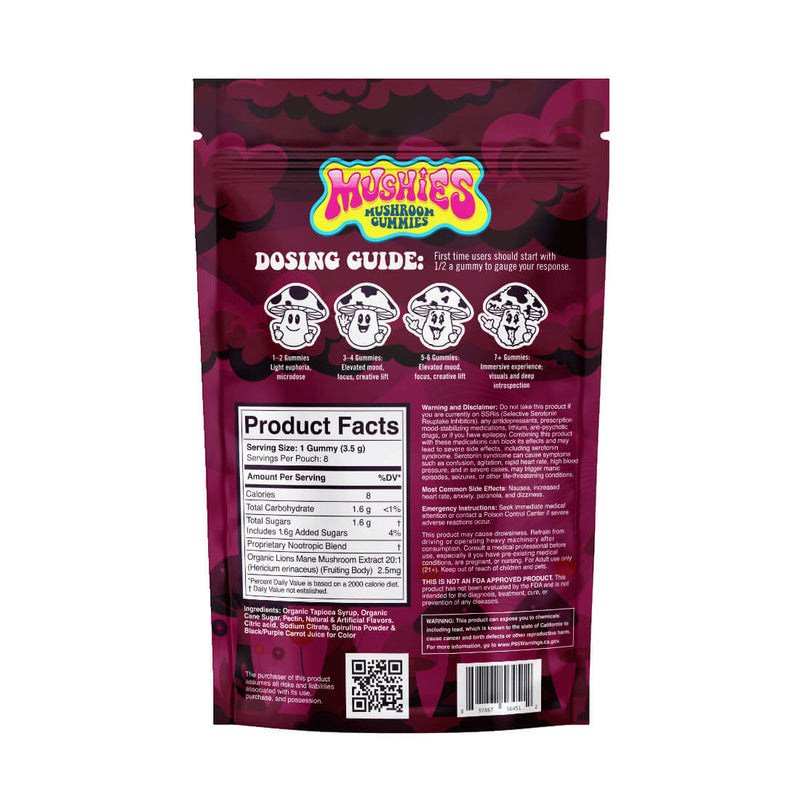  Back of Mushies Mixed Berry Mushroom Gummies package showing ingredients, nutrition panel, dosage guide, and resealable pouch info.
