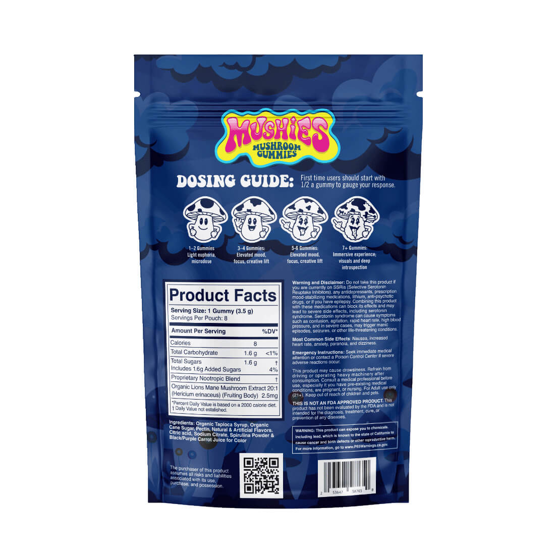 Mushies Mushroom Gummies Blue Raspberry with dosing guide and product facts on a beautiful packaging.