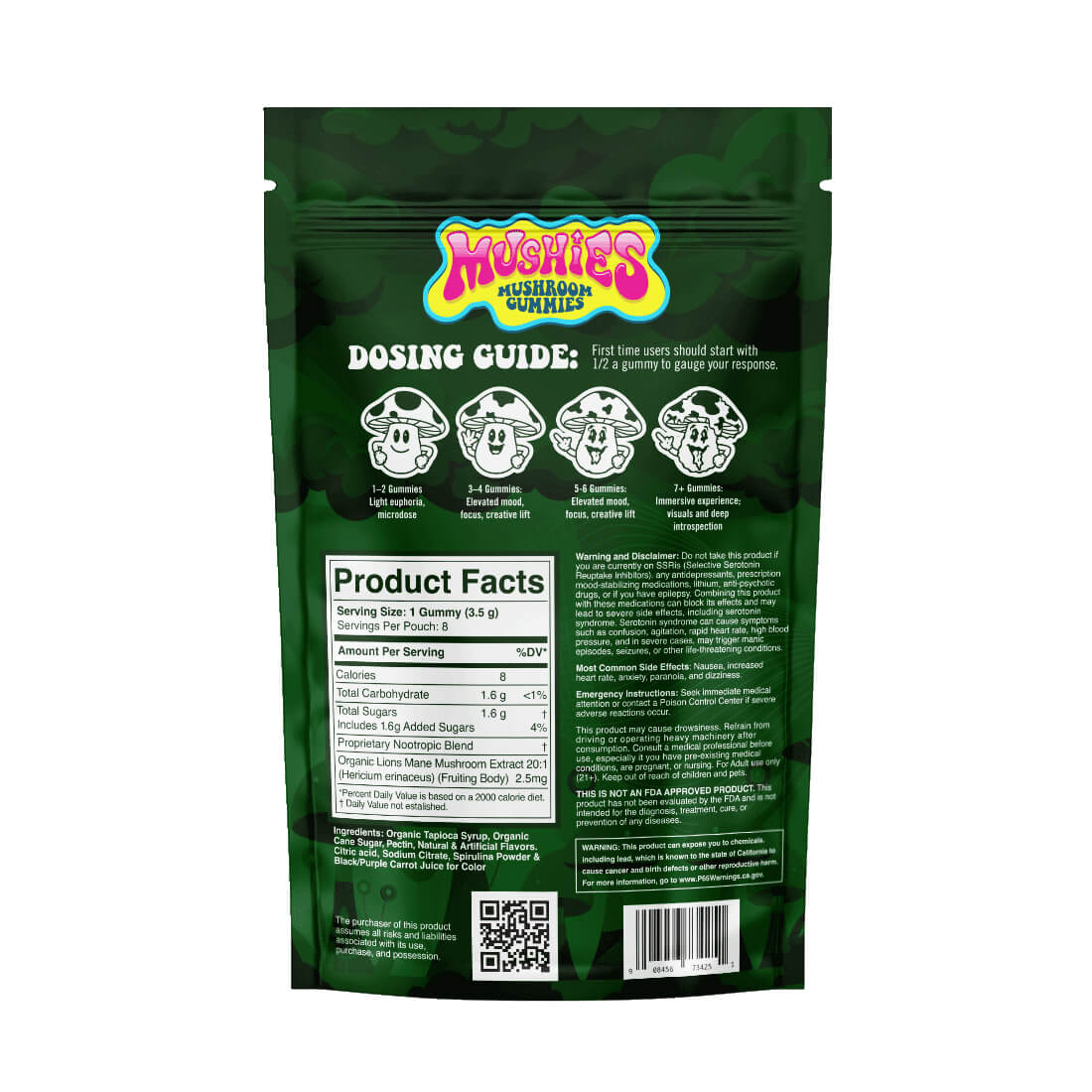 Moonshots Green Apple Mushroom gummies packaging with mushroom illustrations and text on the back showing nutrition and ingredient facts.
